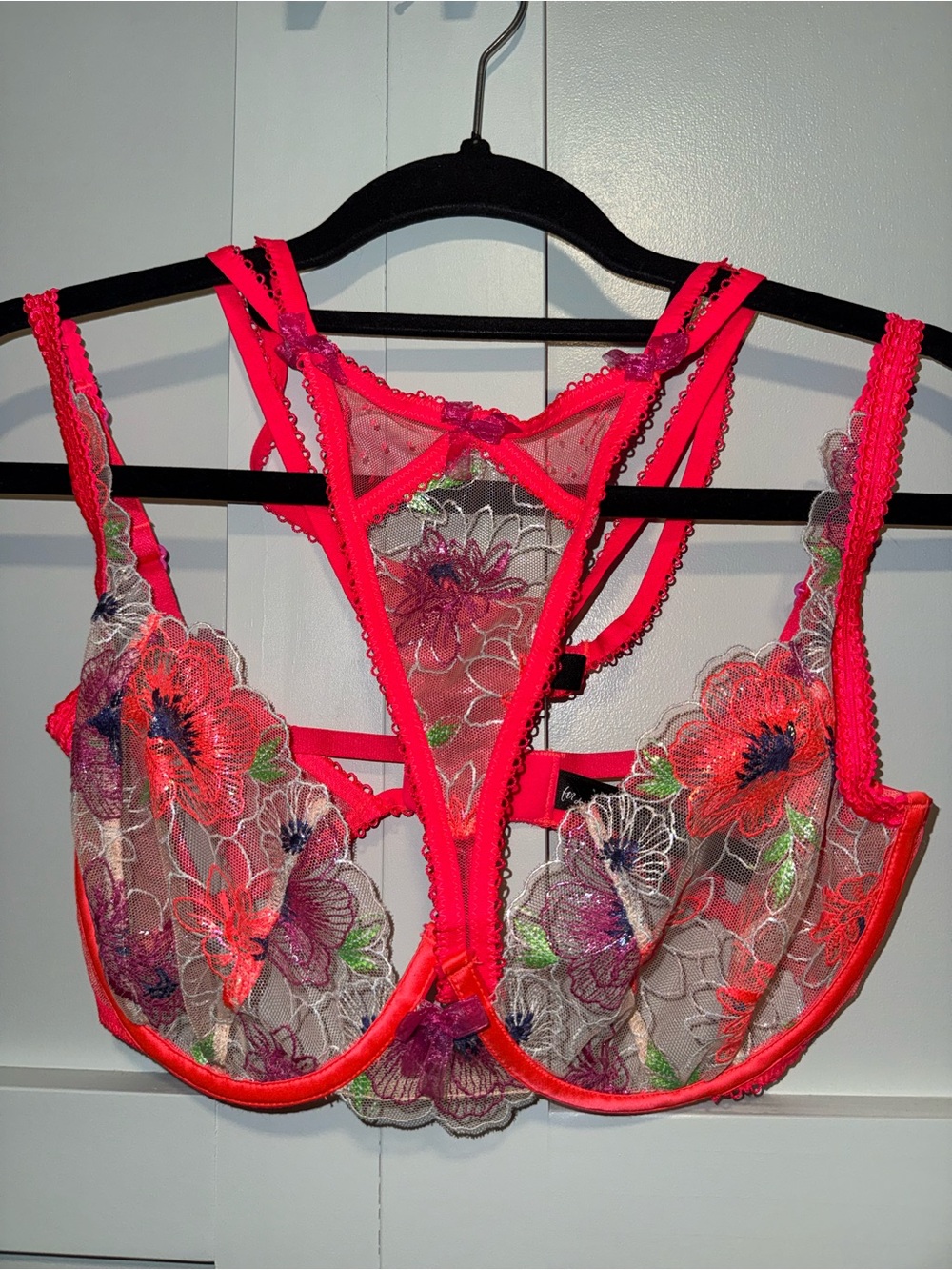For Love & Lemons Neon Pink Floral Mesh Lingerie Set 34DD Bra & M Thong